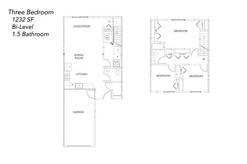 Floor plan for 3 beds, 1.5 baths, 1232 sqft
